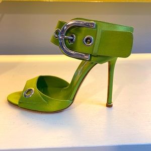 Manolo Blahnik satin ankle strap, open toe, high heel.
